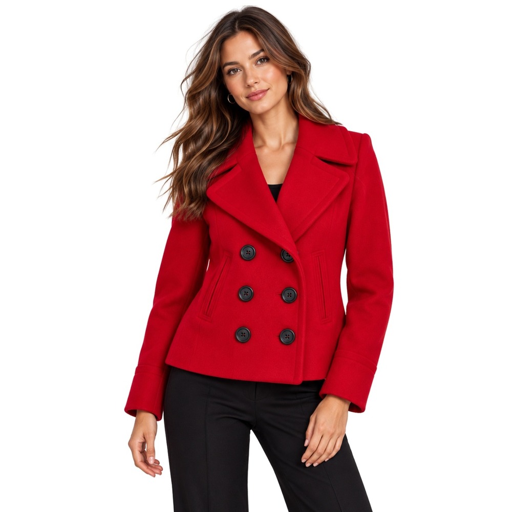 J. Crew Pea Coat Womens Size 4 Red Virgin Wool Blend Double Breasted Jacket